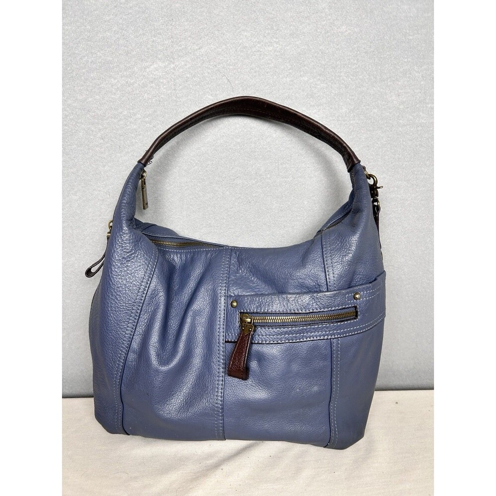Born large pebbled leather denim blue antique brass hardware shoulder bag